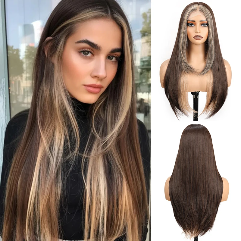 

Honey Blonde Highlight Wig 28 Inch Long Straight Layered Hair 13x4 HD Lace Front Synthetic Wigs with Highlight Bangs for Women