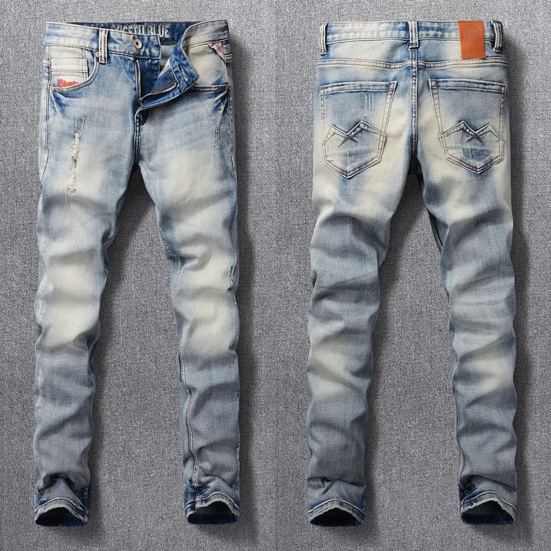 

Italian Style Fashion Men Jeans High Quality Retro Washed Light Blue Elastic Slim Ripped Jeans Men Vintage Designer Denim Pants