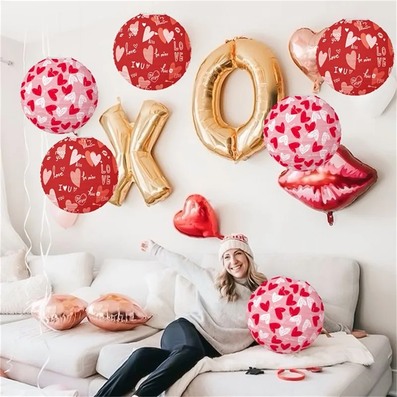 Valentine's Day Hanging Paper Lanterns Round Love Heart Paper Lanterns Valentines Day Decorations for Anniversary Wedding Party