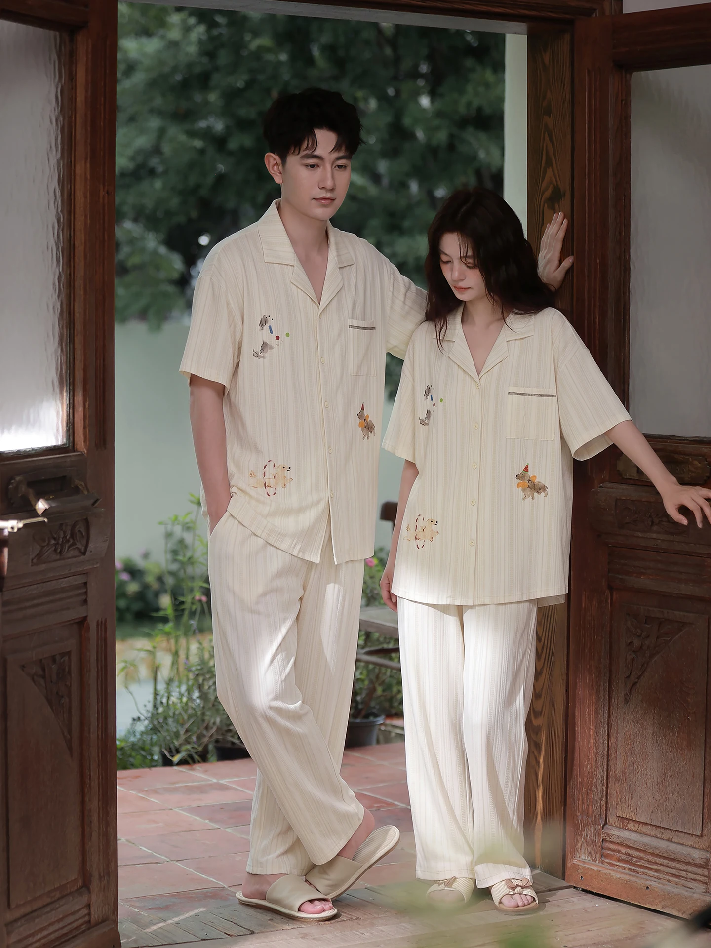 pyjama-en-pur-coton-pour-couples-manches-courtes-pantalon-long-motif-raye-chien-de-dessin-anime-vetements-d'interieur-pour-hommes-et-jeunes-doux-respirant-tricote