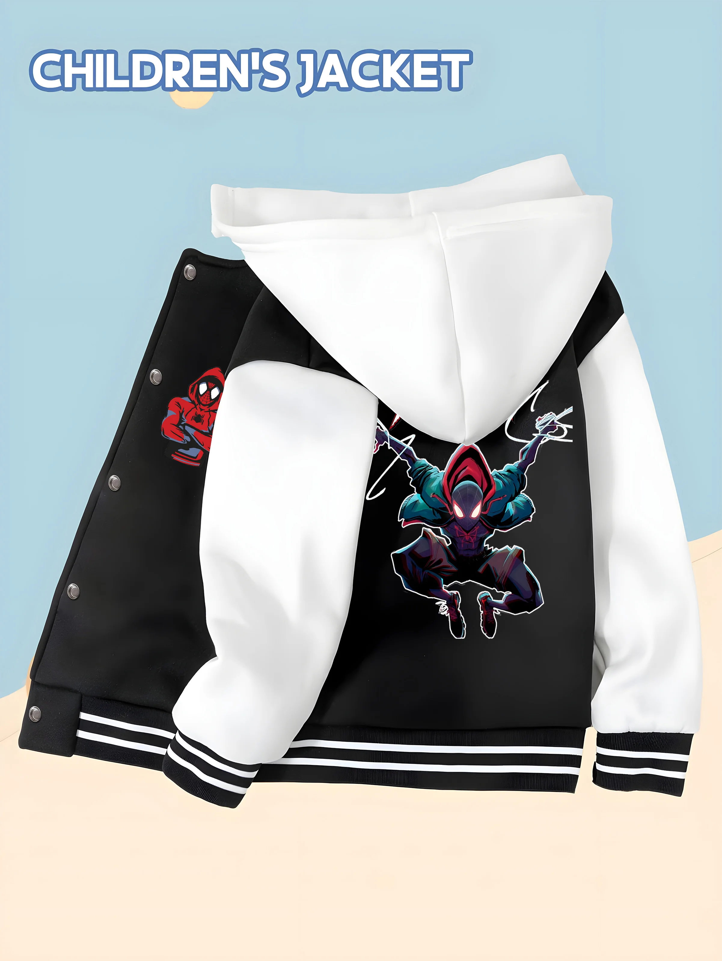 

MINISO Creative Spider-Man boys' baseball jacket with trendy hero pattern, hooded baseball style, trendy and childlike comfortab