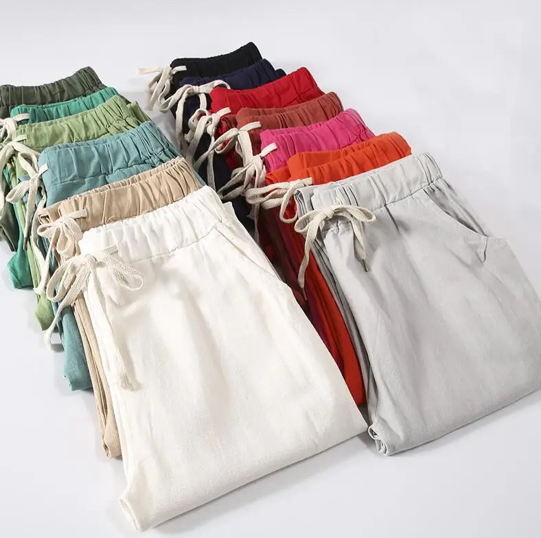 Summer Clothes Women Pants Linen Cotton Casual Pants Candy Color Trousers Female Anklelength Length Pants Harajuku Pantalones