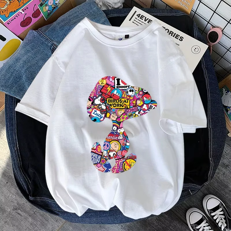 

Цветная женская футболка Snoopy, летняя мужская футболка с коротким рукавом из 100% хлопка, топы с героями мультфильмов, модная одежда для пар, топы