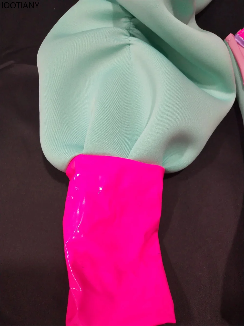 Pink Green Splicing Color Bodysuit Bubble Sleeve Top Drag Queen Dance Costume Nightclub Bar Women Singer Performance Rave Outfit