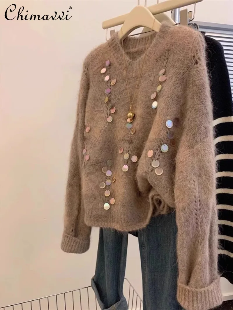 2024 New Autumn and Winter European Goods Heavy Industry Sequins Loose Pullover Sweater Soft Waxy Knitted Sweater For Women