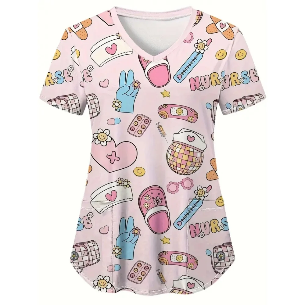 Uniformes cliniques pour femmes, uniforme de gommage de dentiste de soins de santé imprimé, à la mode, col en v, poche, manches courtes, uniformes de soins infirmiers