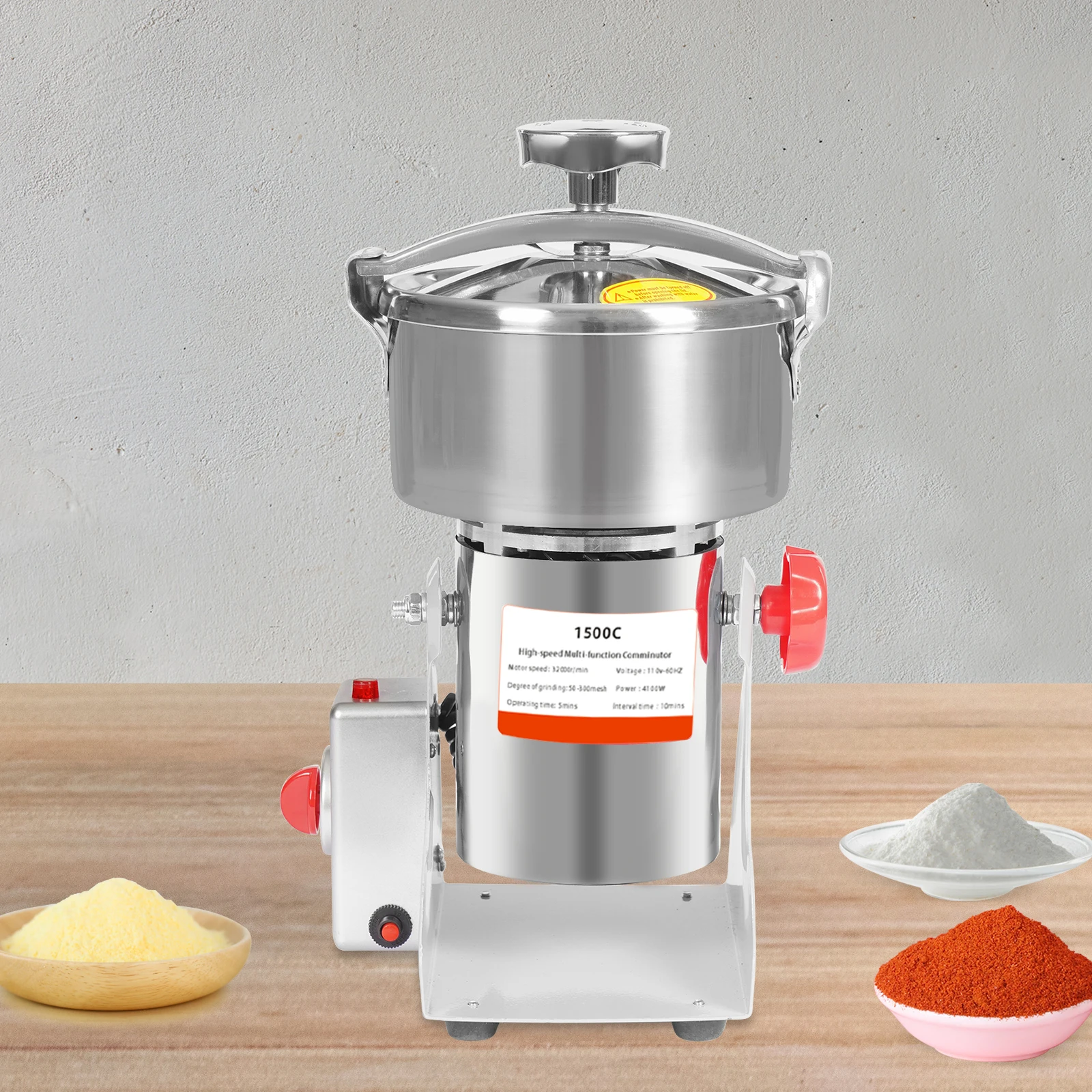 

Электрическая мельница для зерна, коммерческая мельница для сухих зерновых 4100 Вт, мельница из нержавеющей стали 1500 г с таймером, 30000 об/мин