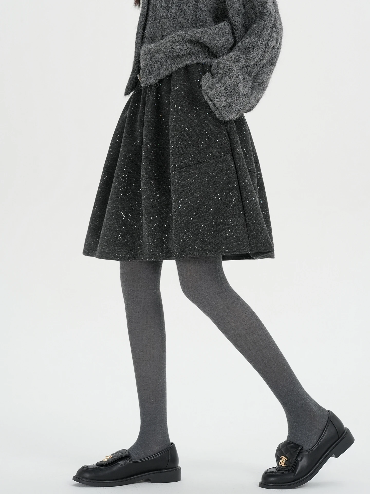 Puffy A-Line Woolen Flower Bud Skirt Women's Autumn Winter Knee-Length Half Skirt with Sweater Grey Five-Point Skirt