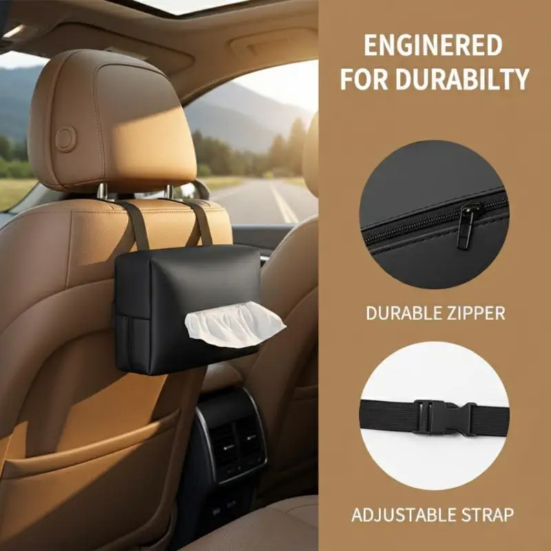 Vehicle Tissue Box Carrier for Car Armrest Seat Back and Sun Visor Portable 3 in 1 Napkin Holder Organizer