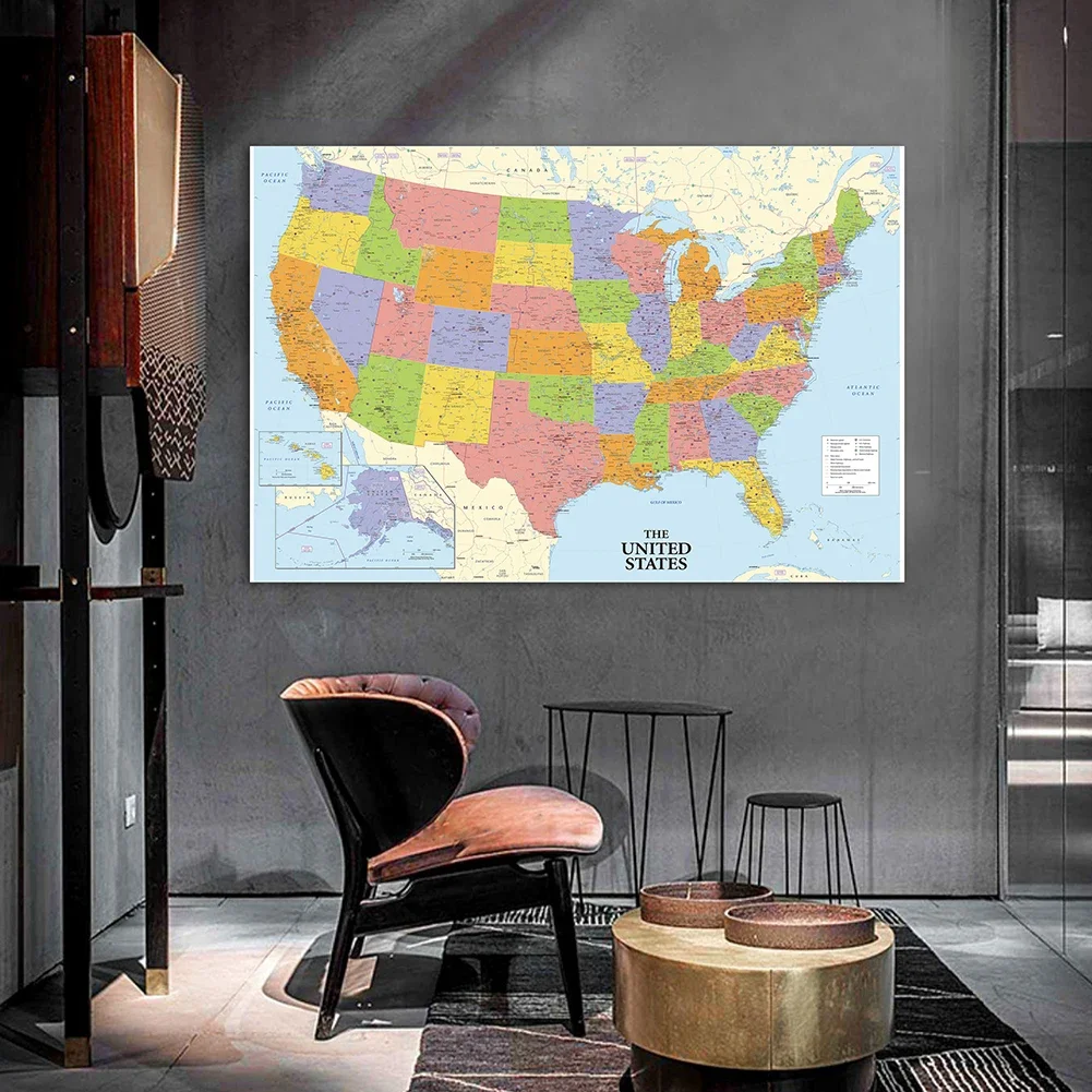 The United State Map Decorative Hanging Picture Print Non-woven Canvas Painting Home Decoration School Teaching Supplies100*70cm