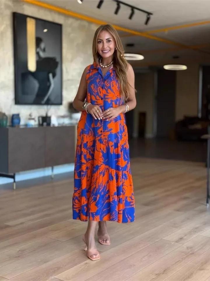 New Summer Fashion V-neck Sleeveless Print Boho Dress Women's Elegant Casual Loose Beach Party Holiday Dresses Robe Femme