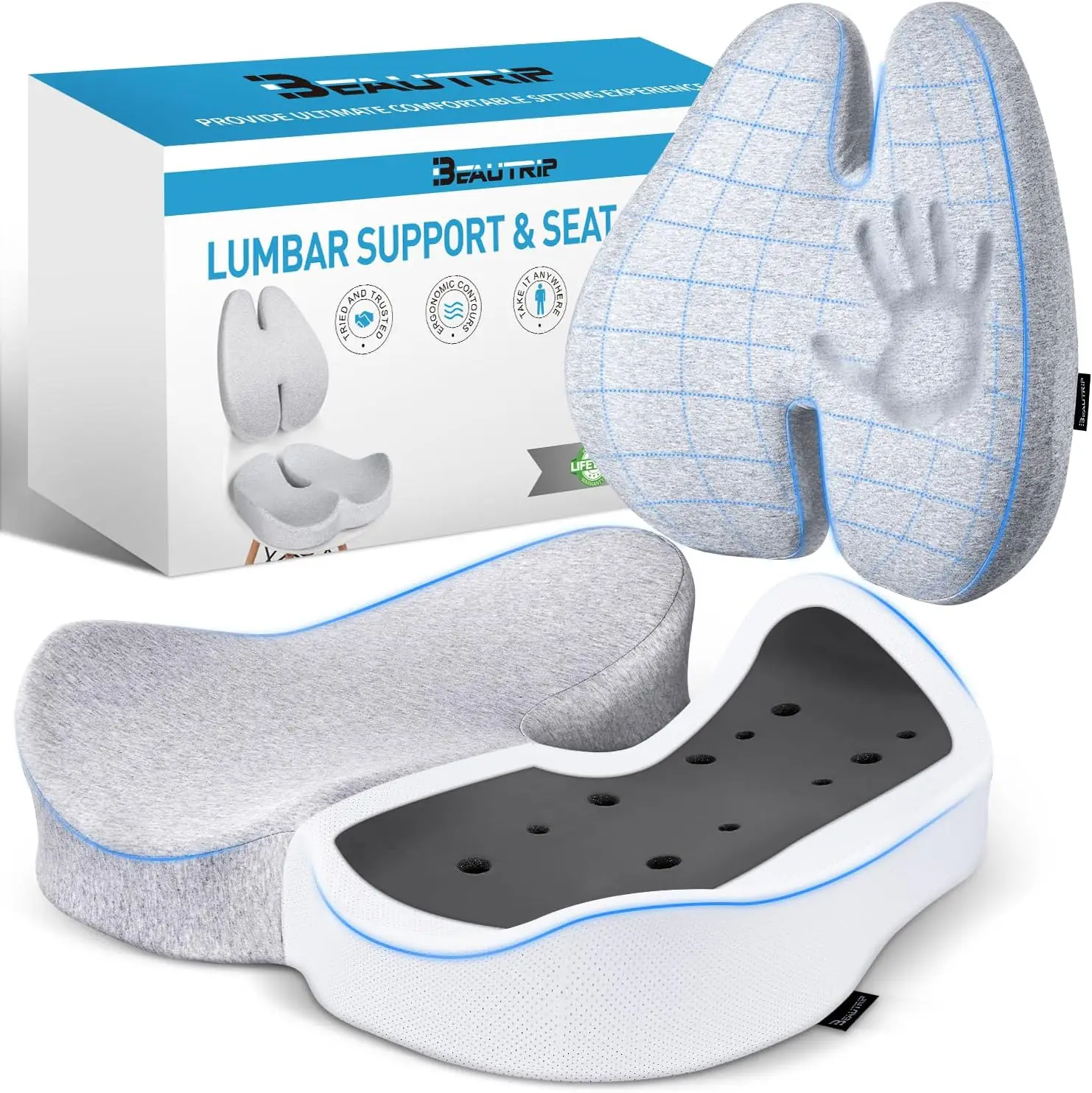 

Office, Car & Wheelchair Use - Ergonomic Seat & Lumbar Cushion, Extra-Dense Charcoal Memory Foam, Relieves Tailbone & Back Pain