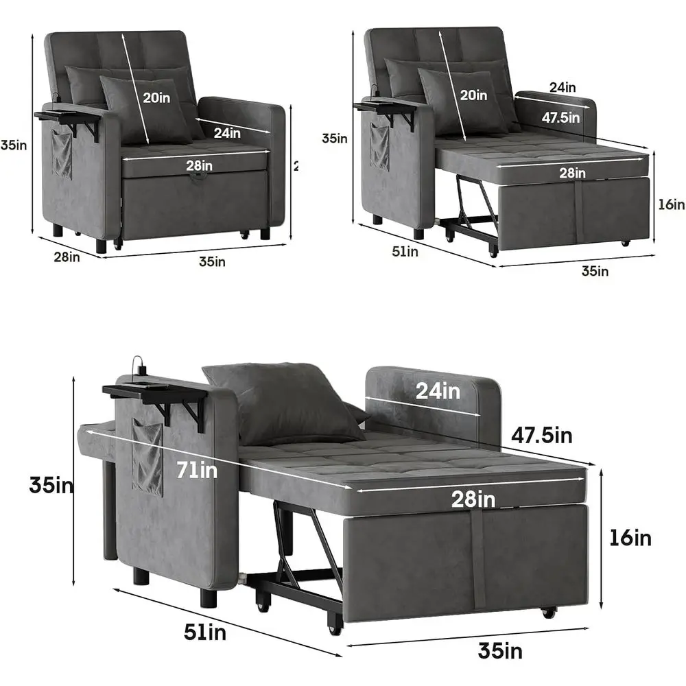 Convertible Sleeper Chair Bed, 3-in-1 Soa Bed with USB Ports Outlet, Grey | Adjustable Backrest, Velvet Upholstery, Pullout Slee
