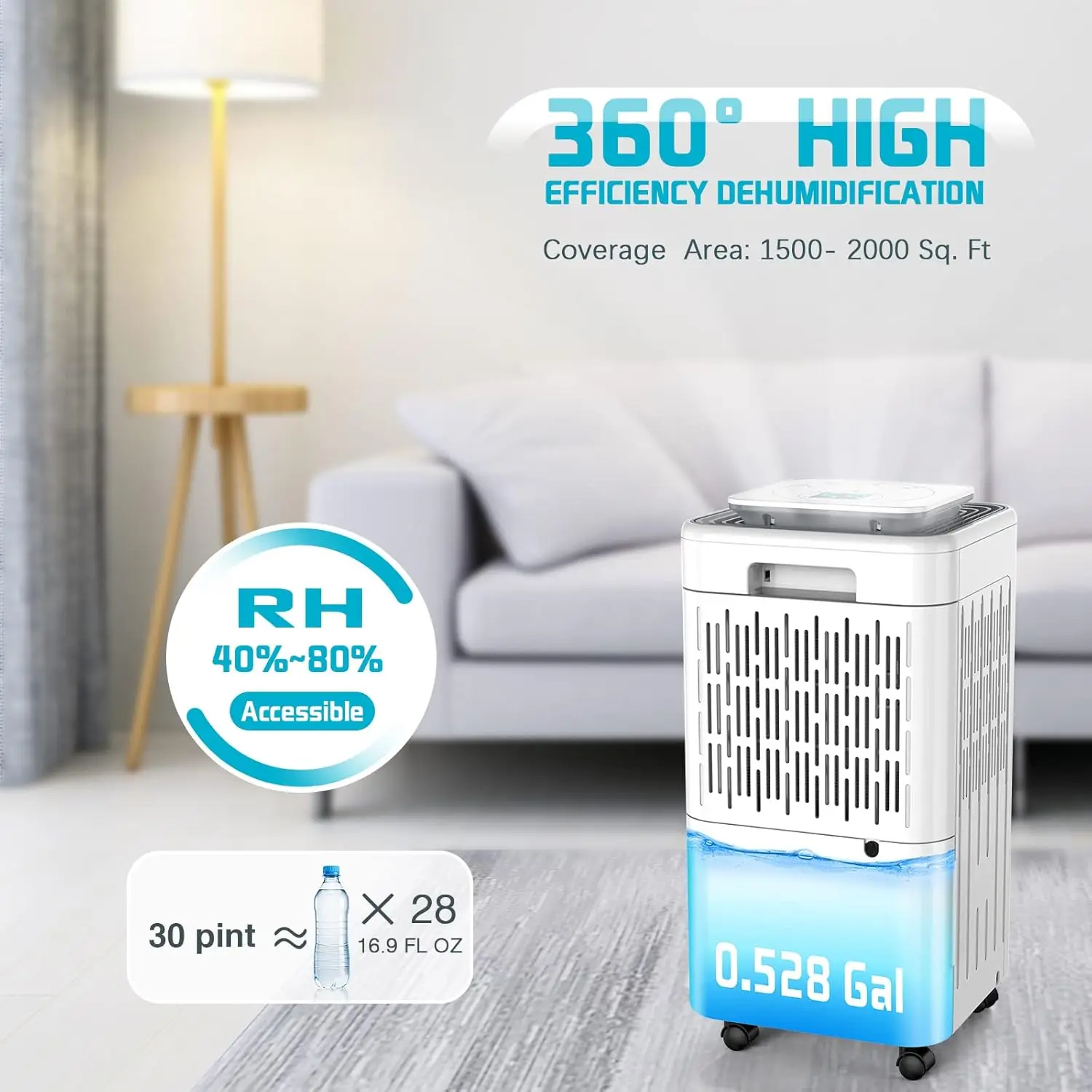 for Large Room and Basements, 30 Pints Dehumidifier with Drain Hose, Auto or Manual Drainage, 0.528 Gallon Water Tank, Auto Defr