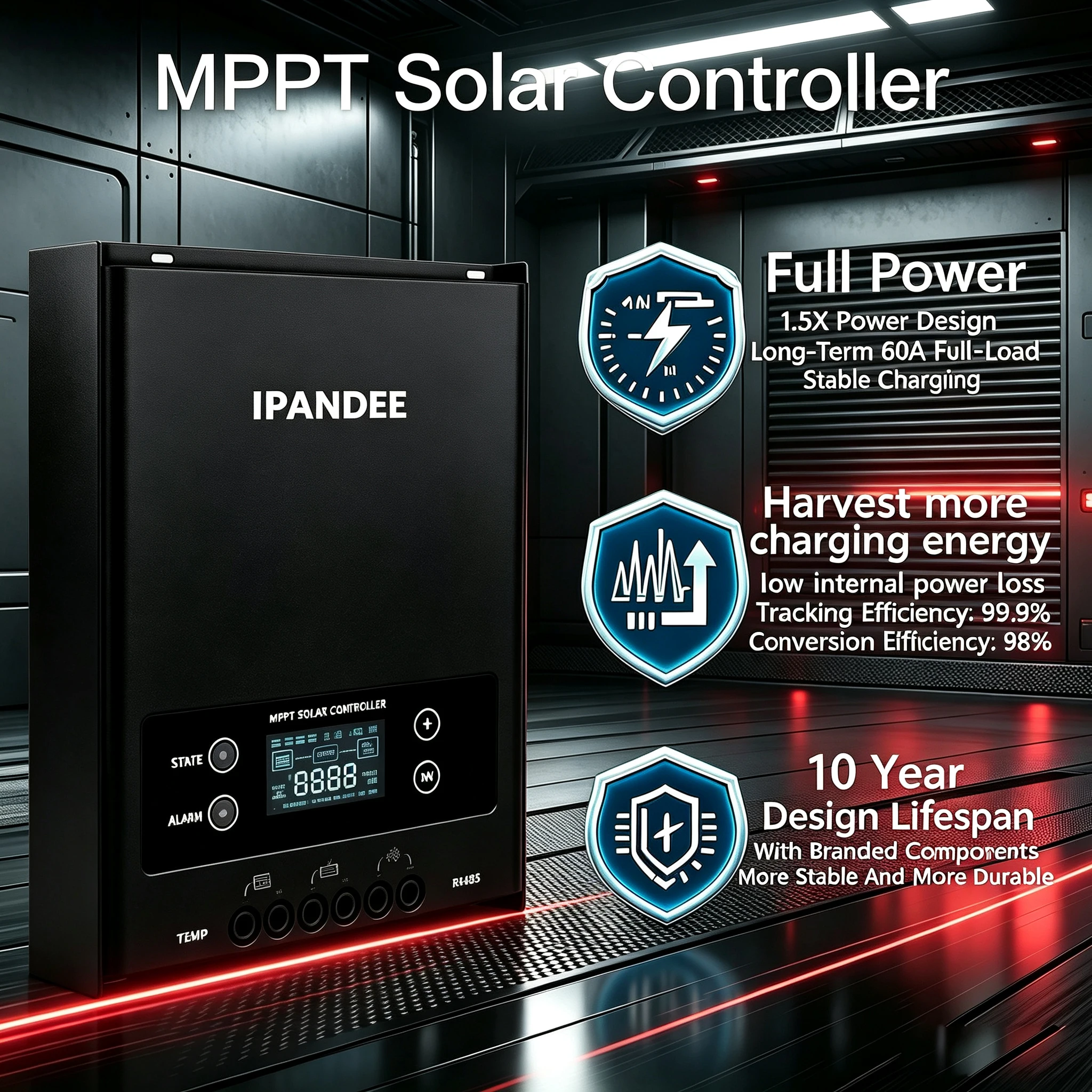 IPANDEE MPPT 60A PV 200V LCD Dispaly Solar Charge Controller 12V 24V 36V 48V Auto RS485 Smart App Cloud Monitoring Solar Panel for Home RV Boat Camp US Stock Fast Shipping