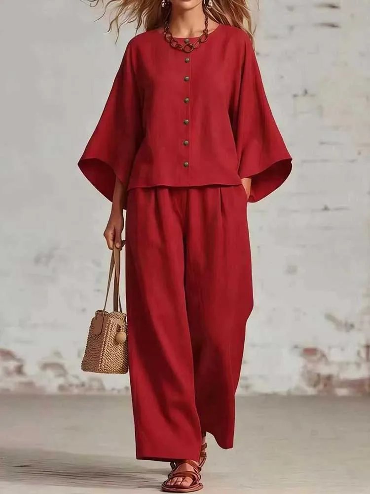 Linen Set Woman 2 Pieces Flared Sleeve Loose Fit Top and Wide Leg Pant Solid Color Casual Ladies Set Wholesale Dropshipping
