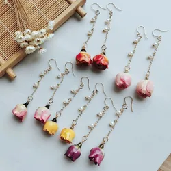 Immortal Flower Earrings Women Elegant Flower Long Tassel Earrings Epoxy Resin Natural Rose Earrings Custom Jewelry Wholesale