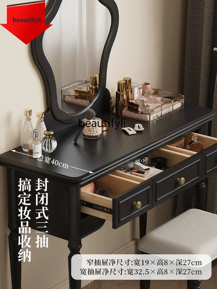 

Q181 Black all solid wood dresser American bedroom French retro with mirror, multifunctional storage makeup table