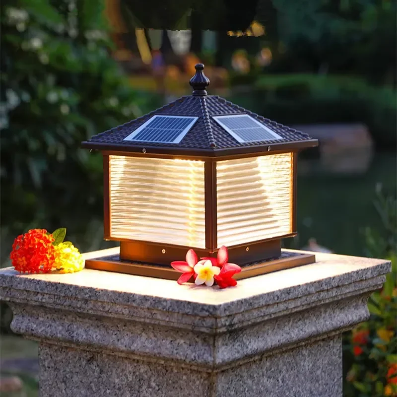 LED Outdoor Striped Glass Column Light IP65 Waterproof Solar Powered Simple Design for Home Villa Courtyard Garden Decoration