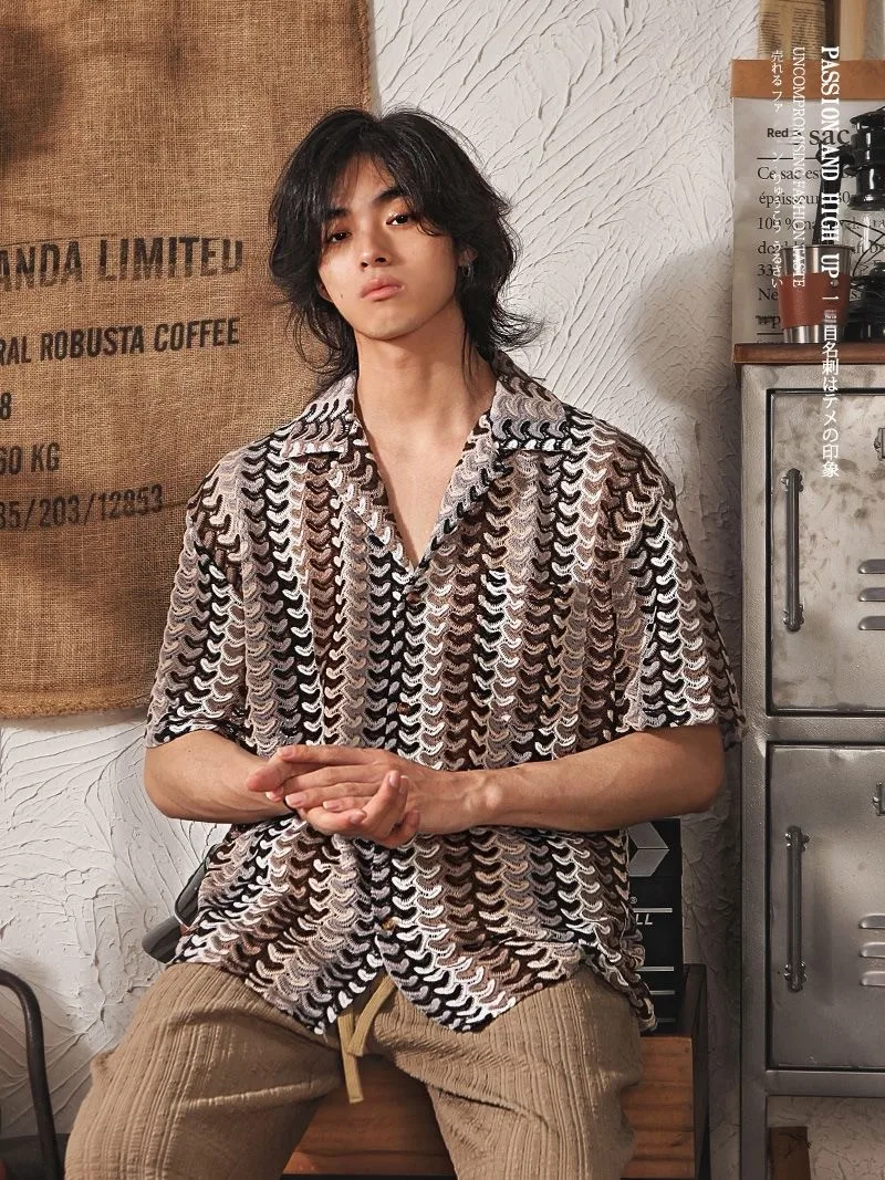 Retro Japanese Style Men's Shirt Summer Cotton Short Sleeve Embroidered Floral Half Sleeve Wave Design Casual Loose Fit