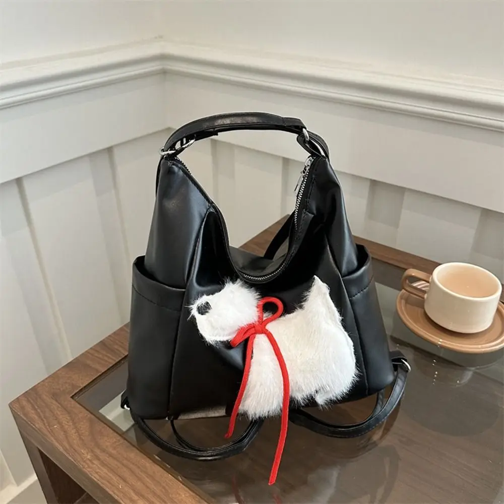 かわいいPUレザー女性用トートバッグ、無地ソフトな脇の下ポーチ、大容量プラッシュパピーカジュアルバックパック、旅行用