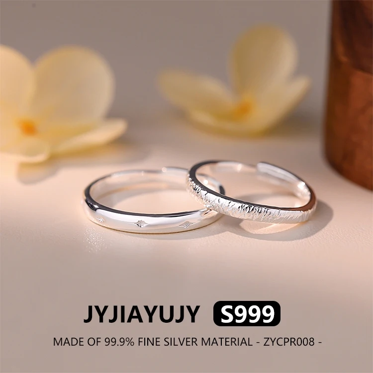 

JYJIAYUJY 100% Whole Original Fine Silver S999 Couple's Rings Adjustable Open Ring Star Hammer Pattern Woman Jewelry ZYCPR008