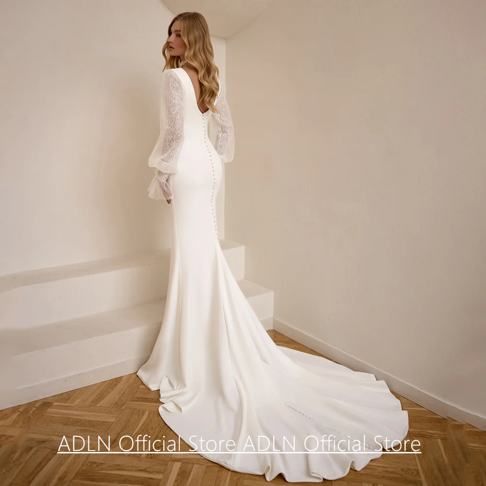 인어 웨딩 드레스 맞춤형 스쿠프 넥 퍼프 슬리브 코트 트레인 스트레치 여성 신부 가운 이슬람 신부 드레스