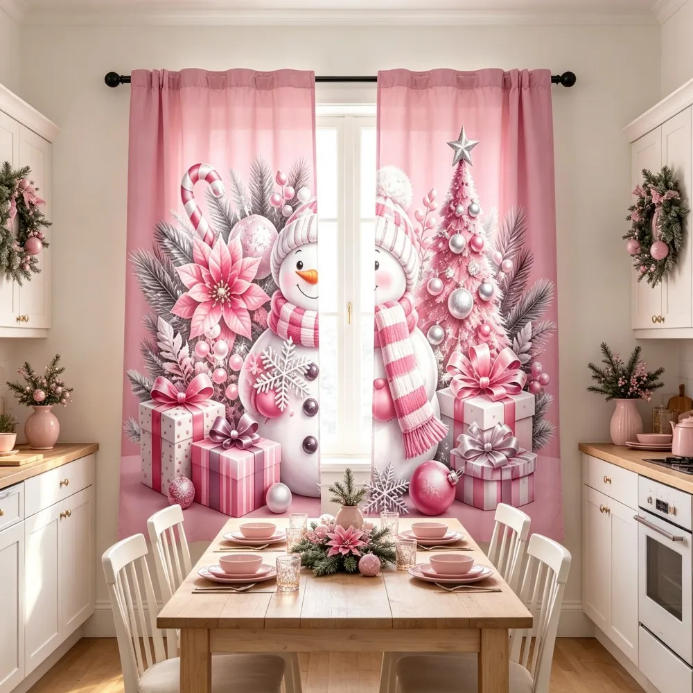 2PCS Christmas Winter Curtains, Pink Snowman Tree Poinsettia Gift Candy Cane, Digital Print, Bedroom Living Room, Home Decor