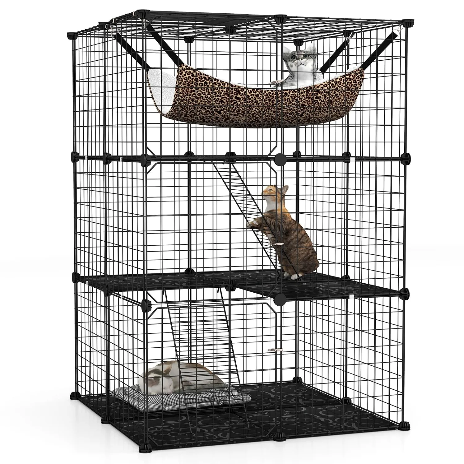 Cat Cages Indoor, 3-Tier Cat Enclosure with Skylight, Extra Large Hammock, 2 Ladders, Detachable Metal Wire Kennel with