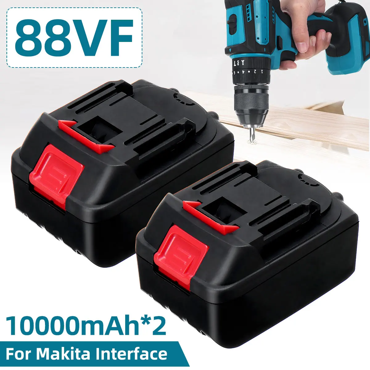 Batería de litio piezas 88VF para interfaz Makita, 2 baterías recargables de 10000mAh para llave eléctrica, taladro, amoladora angular, herramienta