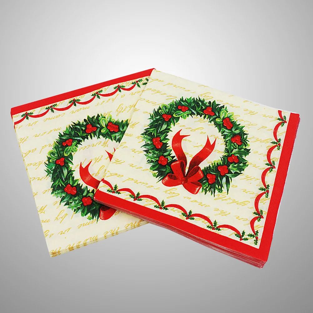 

100PCS Christmas Wreath Printed Napkins Disposable Tissue Wood Pulp Dinner Napkins Birthday Party Supplies Xmas Favors