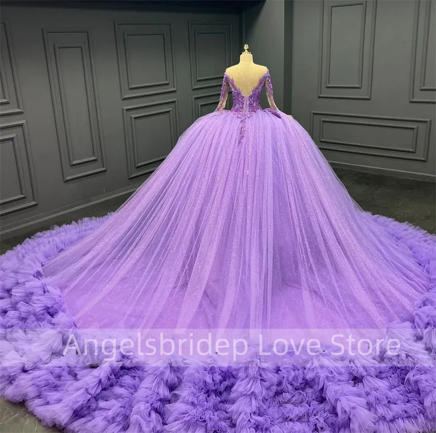 Engels bridep Lavendel Quince anera Kleider gestufte Rüschen Perlen Geburtstags feier lange Ärmel süß 16 Kleid Vestidos Ballkleid