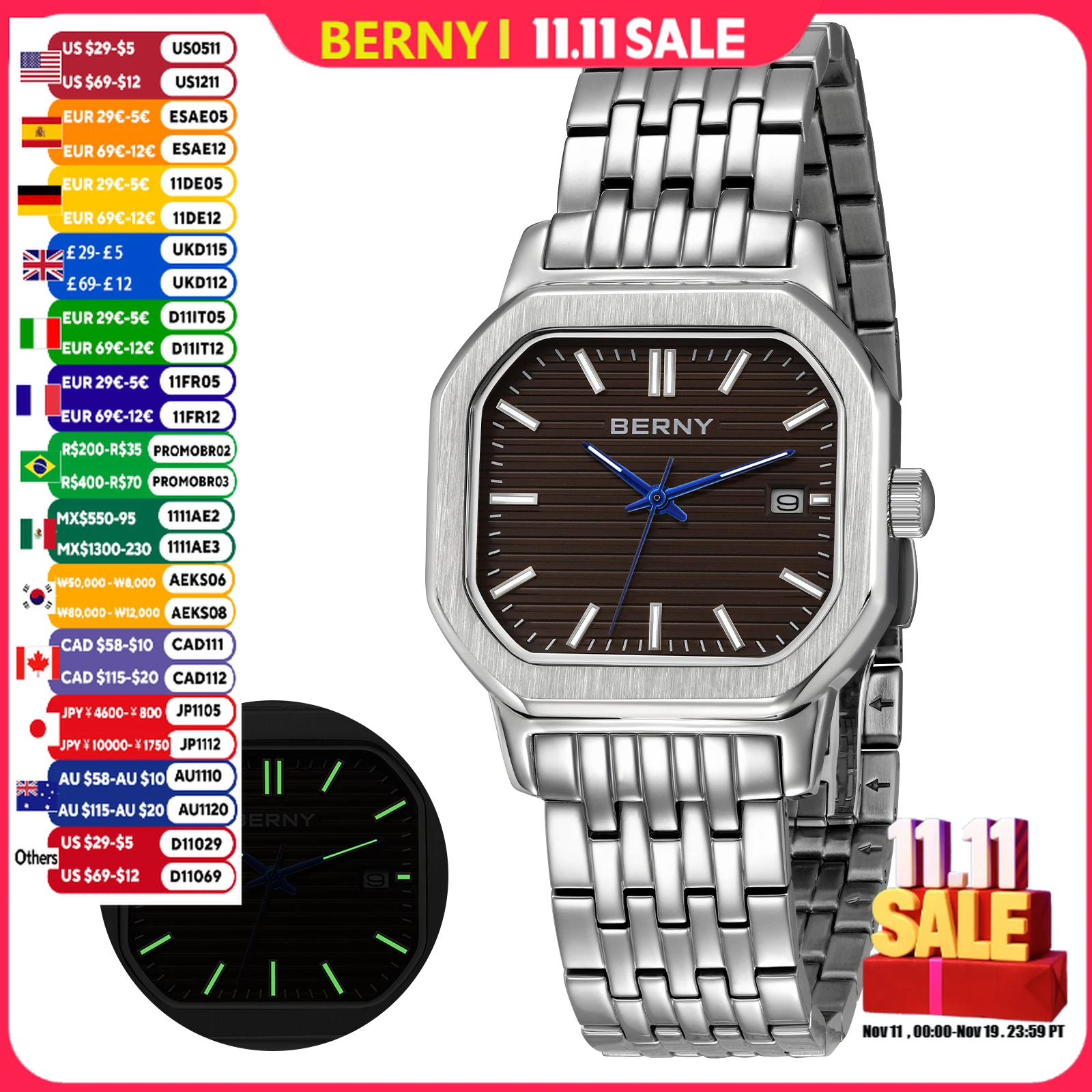 BERNY Men's  Watches Luminous Elegant Fashion Date Dress Quartz Watch Rectangle Dial Calendar Casual Business Wristwatch