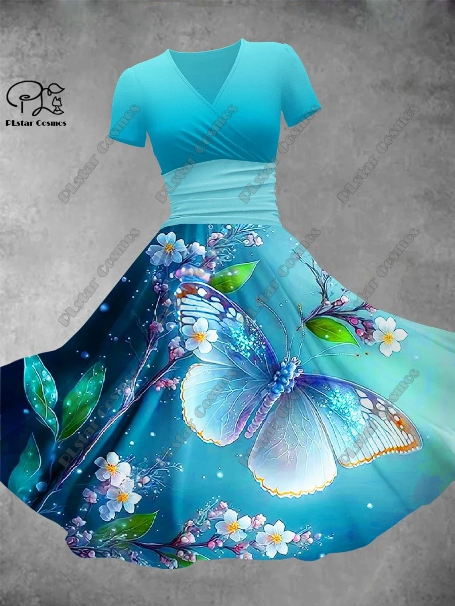 Robe trapèze longue à manches courtes et col en V, imprimé floral et papillon, série Leon, impression 3D, décontracté, nouveau