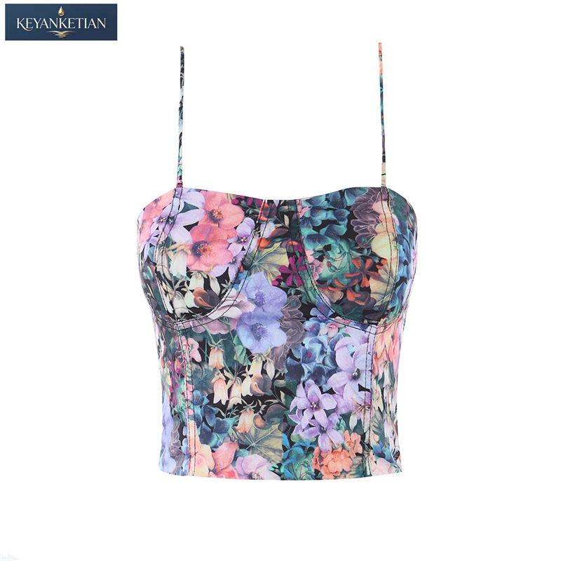 KEYANKETIAN 2026 Summer Y2K Hot Girl Floral Print Crop Cami Adjustable Thin Strap Corset Bust Back Zip Summer Beach Tank Top