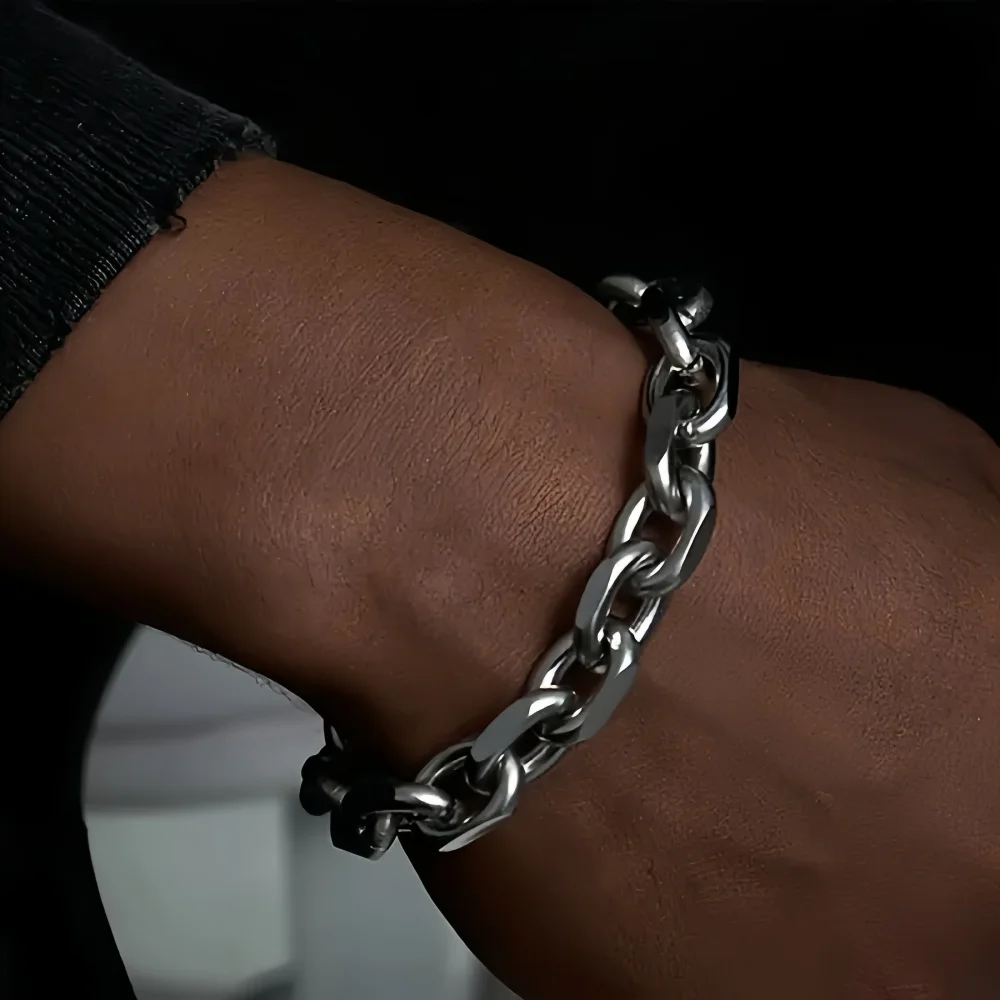 Einfaches Silberfarbenes Edelstahl-Rohkettenarmband für Männer, Hip-Hop-Punk-Straßenschmuck, Geschenk-Accessoires für Frauen – Detail 4