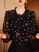 Blusa Floral fina de manga larga para mujer, Top negro con cuello en V francés, nueva moda
