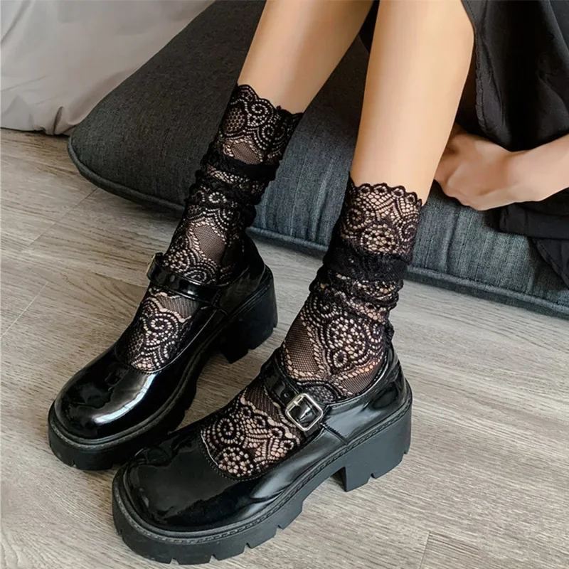 Sexy Lace Floral Mesh Socks Women Transparent Summer Cotton Sock Ladies Elastic Retro Cute Lingerie Hollow Out Long Sock Lolita