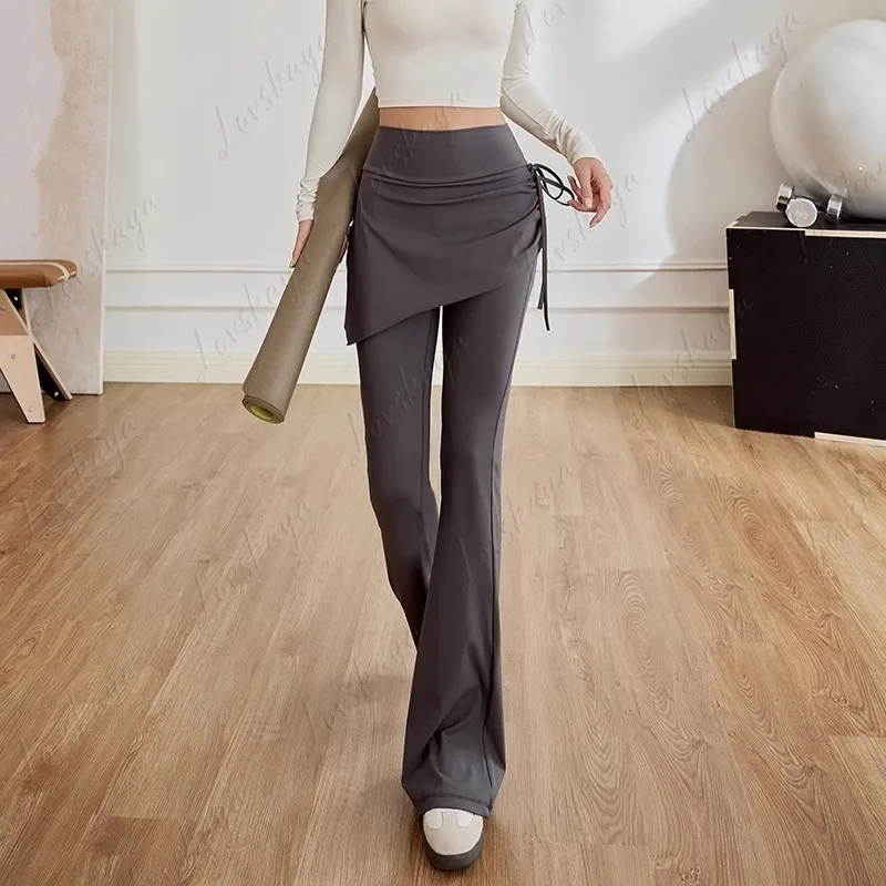 Women's Spring Autumn Thin Pilates Yoga Pants High Waist Fake Two-Piece Micro-Pull Skirt Design Sports Shark Flared Pants