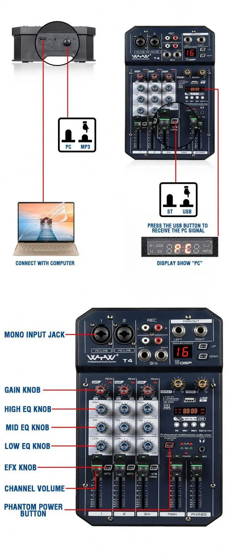 2025 OEM  4 6  channel mini audio mixer audio interface With 48v phanton power 16 dsp For DJ Musical Instrument Livestream