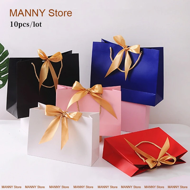 Luxury Gift Bag Box Bow Ribbon Black Simple Paper Gift Bag Kraft Paper Candy Box with Handle Wedding Birthday Gift Package