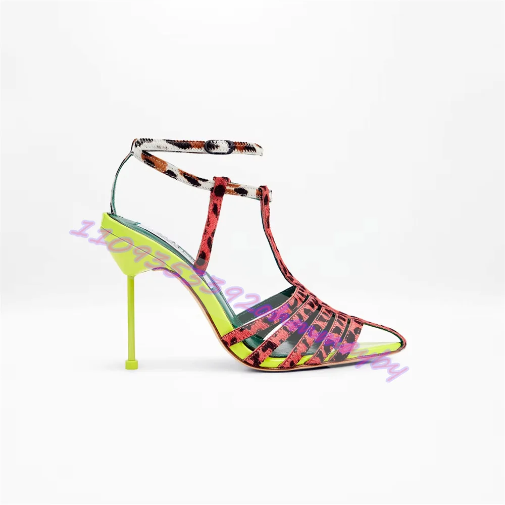 Women Red Leopard Print T-Strap Sandals Neon Green Thin Stiletto Heels Open Toe Ankle Buckle Strap Slingback Party Dress Shoes