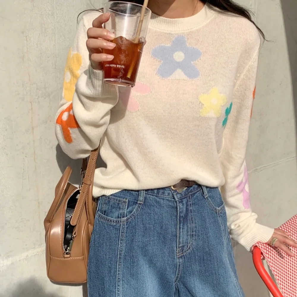 الكورية أنيقة الملونة زهرة محبوك سترة المرأة الخريف الشتاء جديد س الرقبة طويلة الأكمام فضفاضة البلوز بلوزات جميلة غير رسمية