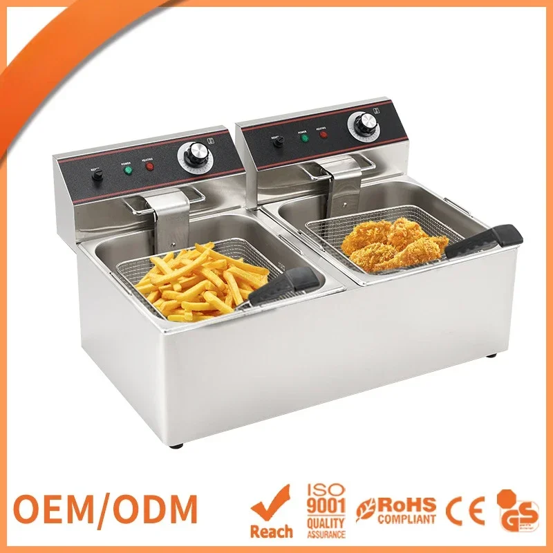 Double Cylinder 11L Electric Fryer Thickened Deep Frying Pan Electric Fryer Commercial Desktop Stainless Steel Deep Frying Pan