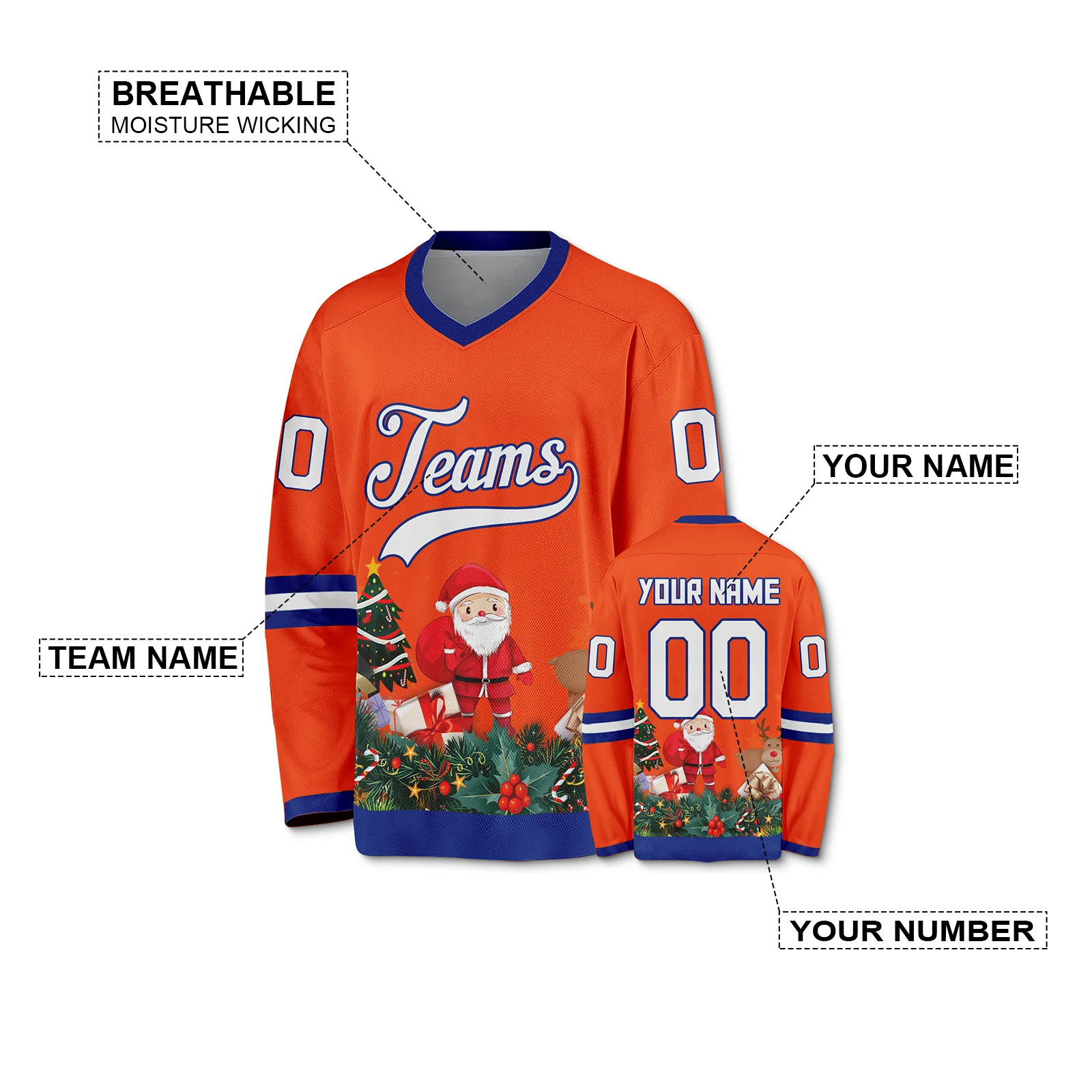 Orange Custom Christmas Hockey Jersey Print Team Name Number Santa Printed Hockey Shirt for Men Women Youth Kids Xmas Gifts