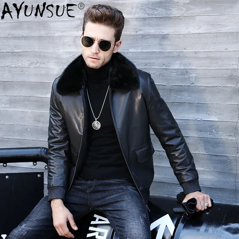 

AYUNSUE Winter Jacket Men 2020 Men's Clothing Real Mink Fur Collar 100% Goatskin Leather Motorcycle Down Jackets Jaqueta LXR537