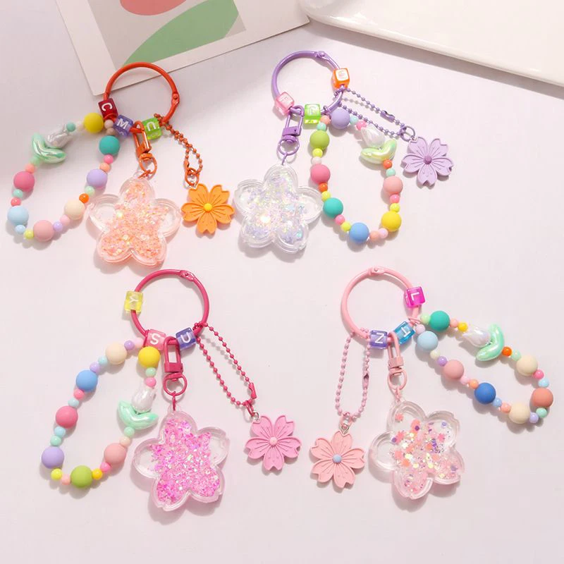 Sweet Pink Flower Keychains With Beaded Chain Korean Ins Style Girls Keyrings Bag Pendant Cute Mobile Phone Chain Accessories