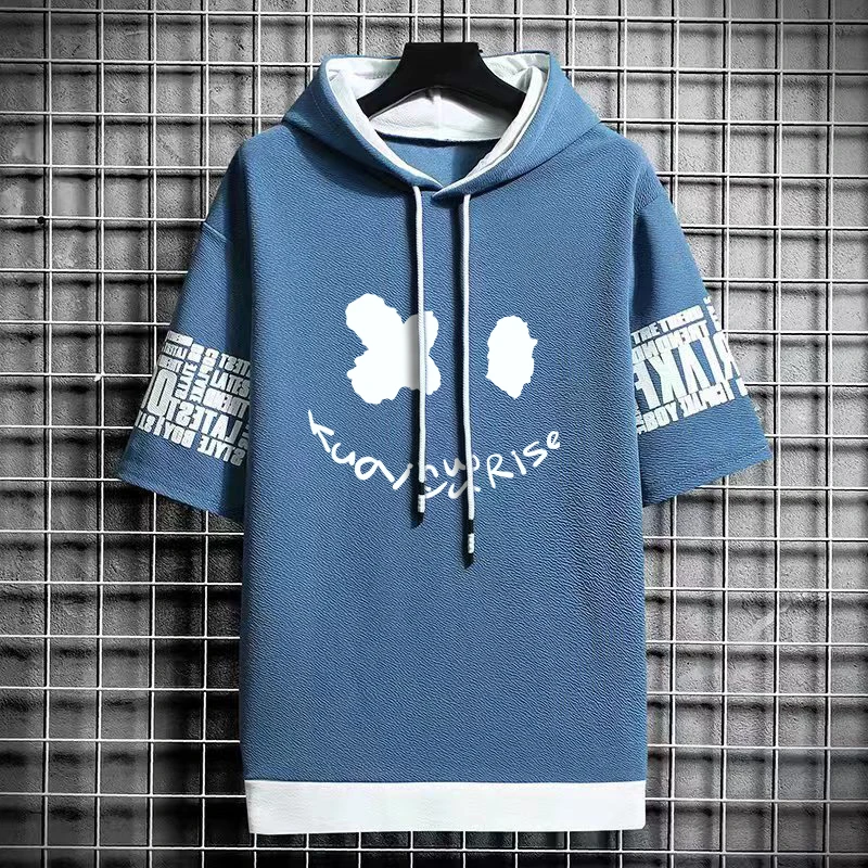 

2024 Summer Men's Hoodie Harajuku High Street Printed Top Korean Trend Blue Short Sleeved Hood Fashionable Men's Clothing New