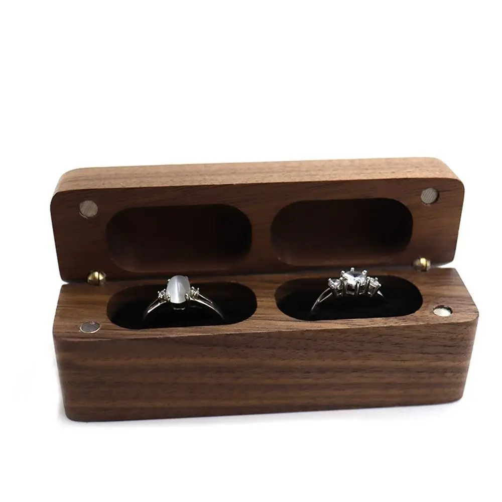

Gift Walnut Wood Ring Box Portable Flip Cover Wedding Ring Case Magnetic Cover 2-Slot Storage Box Valentine's Day