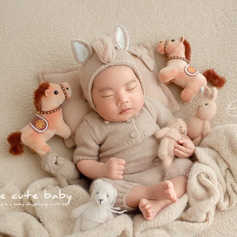 Newborn Photography Props Cute 2026 Horse Theme Set Handmade Kintted Outfit with Bear Doll Decors for Studio Photoshoot Clothing